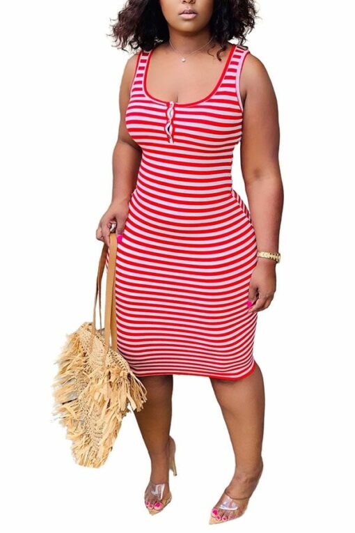 Polyester Fashion adult Lightly cooked Tank Sleeveless O neck Pencil Dress Knee-Length Striped Print Patchwork Dresses