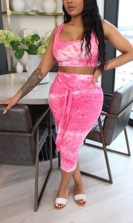 Polyester Fashion Casual adult Patchwork Print Tie Dye Bandage Two Piece Suits pencil Sleeveless Two Pieces