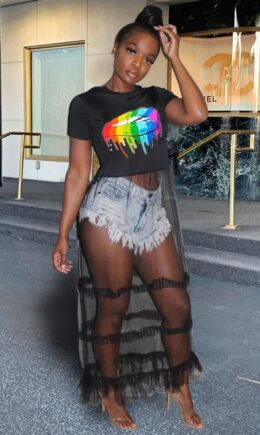 Polyester O Neck Short Sleeve perspective Mesh Print  Tees & T-shirts