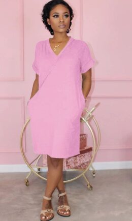 Cotton Fashion adult Casual OL Cap Sleeve Short Sleeves V Neck A-Line Knee-Length Patchwork Solid