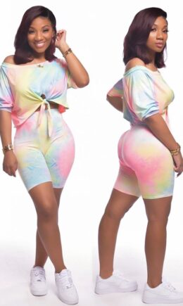 Polyester Fashion adult Casual Tie Dye Bandage Print Two Piece Suits Patchwork pencil Half Sleeve