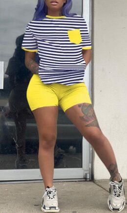 Polyester Fashion Casual Striped Two Piece Suits Straight Short Sleeve Two Pieces