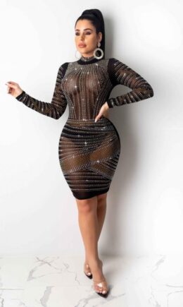 Polyester Fashion adult Sexy Cap Sleeve Long Sleeves O neck Hip skirt Knee-Length Mesh perspective d