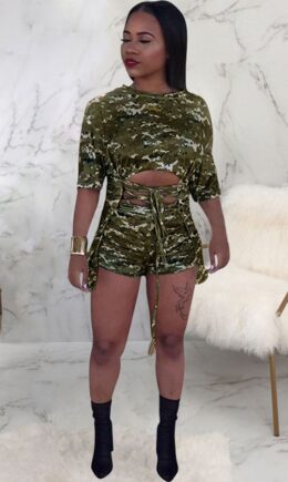 Camouflage Milk Silk Sexy Patchwork Camouflage Two Piece Suits Straight Half Sleeve