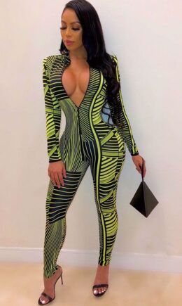 Sexy Fashion Patchwork Print zipper Polyester Long Sleeve V Neck