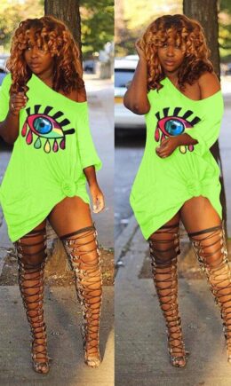 Sexy Fashion adult Cap Sleeve Short Sleeves O neck A-Line Mini eye Patchwork Print Club D