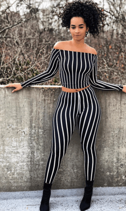 Stripe Polyester Elastic Fly Long Sleeve Mid Patchwork Striped Straight Pants  Two-piece suit