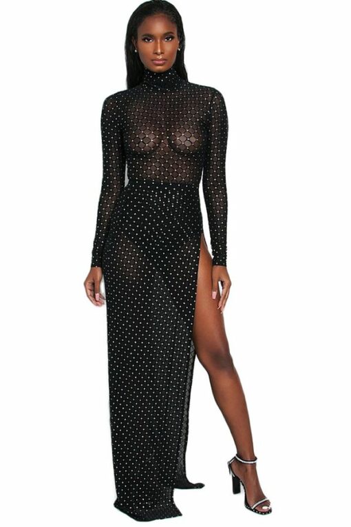Polyester Sexy perspective Mesh Geometric Two Piece Suits A-line skirt Long Sleeve