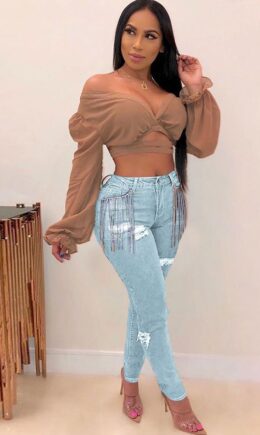 Denim Zipper Fly High Solid Hole Skinny Pants Pants