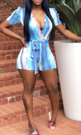 multicolor Fashion Casual Print Patchwork bandage Short Sleeve V Neck Jumpsuits