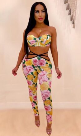 Polyester Sexy adult Fashion crop top Print Geometric asymmetrical Floral Skinny  Two-piece Pants Se