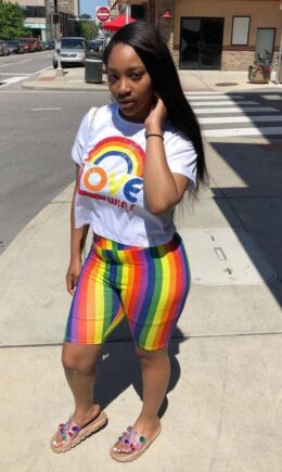 Polyester Casual Fashion adult Rainbow Print pencil Short Sleeve  Two-Piece Short Set