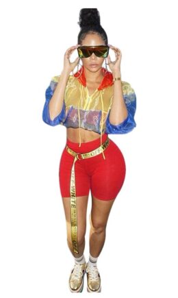 Polyester Long Sleeve Mid Patchwork pencil shorts  Two-piece suit
