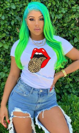 Polyester O Neck Short Sleeve Patchwork Print Lips Print Tops