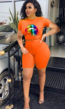 Polyester Sexy Print Straight Short Sleeve  Two-Piece Short Set