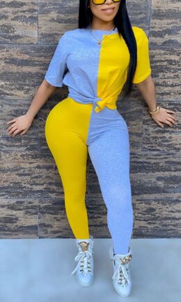 Fashion Casual adult Patchwork Print contrast color Two Piece Suits pencil Short Sleeve Two Pieces