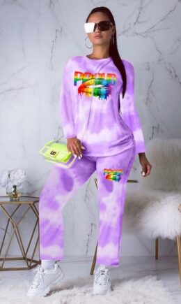 Polyester Active Print Straight Long Sleeve  Two-piece Pants Set