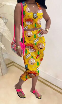 Polyester Fashion Casual adult Patchwork Print Character Two Piece Suits pencil Sleeveless Two Pieces