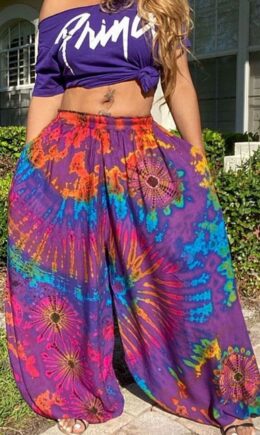 colour Polyester Drawstring Mid Patchwork Print Loose Pants Bottoms