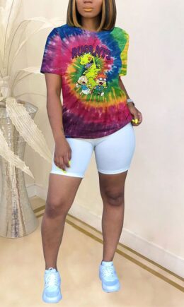 colour colour Polyester O Neck Short Sleeve Patchwork Print Character Tops