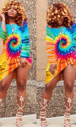 Polyester Street Cap Sleeve Long Sleeves one shoulder collar Step Skirt Knee-Length Print Long Slee
