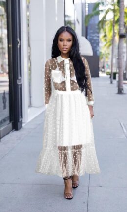 Polyester Fashion Sexy Cap Sleeve Long Sleeves Turndown Collar Pleated Ankle-Length lace Polka Dot p