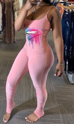 Fashion Casual Print Draped Milk. Sleeveless Slip Jumpsuits
