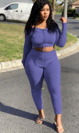 Polyester Sexy ruffle Two Piece Suits Solid pencil Long Sleeve  Two-piece Pants Set