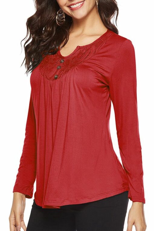 Asymmetrical Collar Long Sleeve lace Solid  Long Sleeve Tops