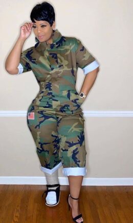 Camouflage Fashion Sexy Print Patchwork Camouflage Cotton Half Sleeve Turndown Collar Jumpsuits