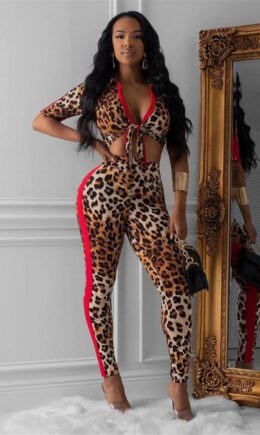 Leopard print Polyester Street Fashion adult Two Piece Suits Leopard Bandage Print pencil Long Sleeve  Two-piece P