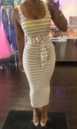 Stripe Polyester Sexy Fashion Spaghetti Strap Sleeveless Slip Sheath Ankle-Length bandage Striped asymmetri