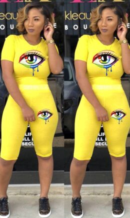 Polyester adult Fashion Sexy Eyes Printed Print Two Piece Suits Patchwork Straight Short Sleeve  Two