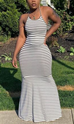 Polyester Fashion Casual and white Off The Shoulder Sleeveless Slip Princess Dress Floor-Length Striped Dresses