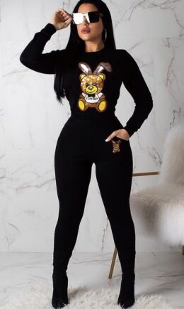 Elastic Fly Long Sleeve Mid Patchwork Sequin Print pencil Pants Two-piece suit