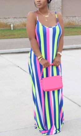 Polyester Fashion Street Spaghetti Strap Sleeveless Slip Swagger Floor-Length Striped Print Dresses