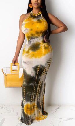 Polyester Fashion adult Street Off The Shoulder Sleeveless O neck Pencil Dress Floor-Length Print Patchwork Tie and dye hollow out Dresses