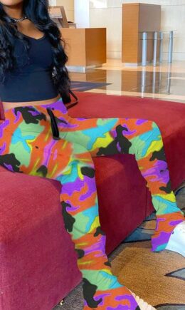 Polyester Elastic Fly Mid camouflage Boot Cut Pants Bottoms