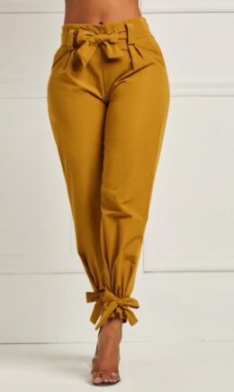gingerish Polyester Elastic Fly High Solid Bow-knot Asymmetrical pencil Pants