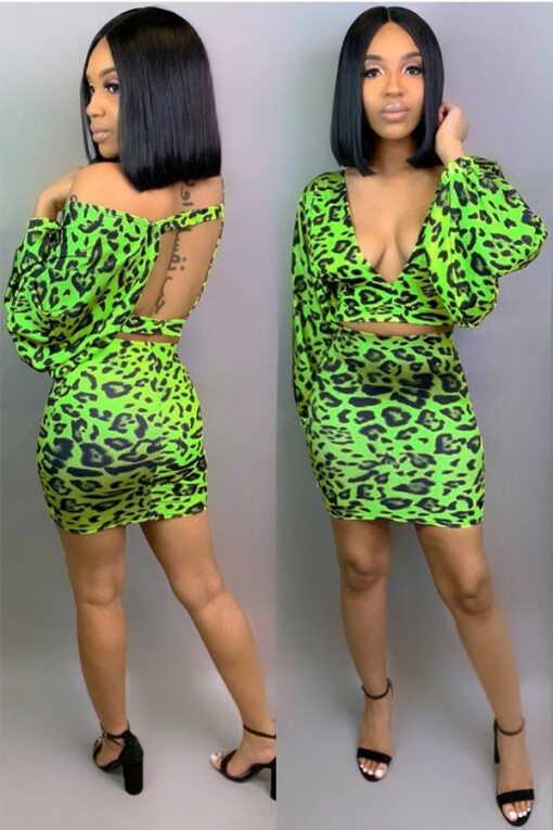 Polyester Casual adult Fashion backless Leopard Two Piece Suits Print Hip skirt Long Sleeve  Two-Pie