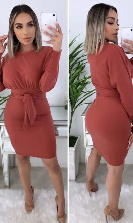 Polyester Fashion adult Sexy Cap Sleeve Long Sleeves O neck Step Skirt Knee-Length Solid Patchwork b