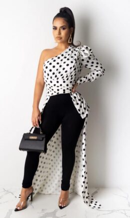 Polyester One Shoulder Collar Long Sleeve asymmetrical Dot Print Slim fit Patchwork  Long Sleeve Top