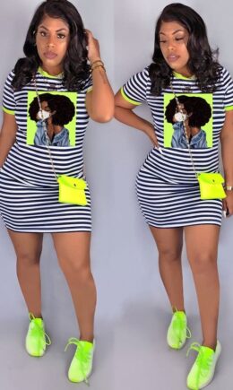 Polyester Fashion Casual Cap Sleeve Short Sleeves O neck Step Skirt skirt Striped Print Dresses