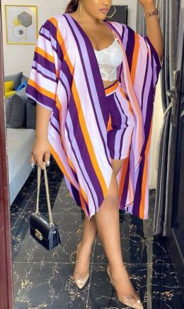 Polyester Fashion Casual adult Striped Patchwork Print ruffle Two Piece Suits Straight Half Sleeve Two Pieces