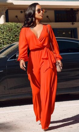 Sexy Fashion bandage Patchwork Solid Long Sleeve V Neck Jumpsuits
