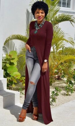 Maroon Polyester O Neck Long Sleeve Split Solid