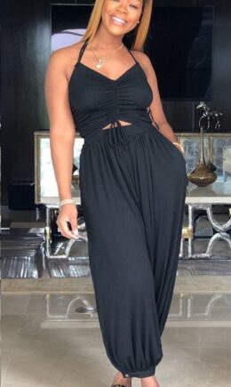 Polyester Hollow Out Sashes Backless Patchwork Fashion sexy Jumpsuits And  Rompers