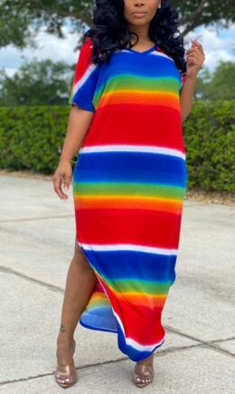 Polyester Fashion Casual adult Cap Sleeve Short Sleeves V Neck Swagger Ankle-Length Striped Print Patchwork split Dresses