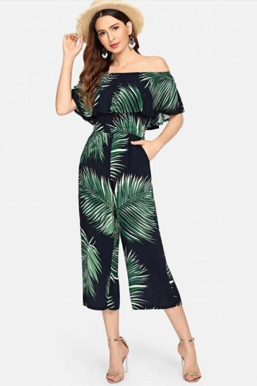 Sexy Fashion Patchwork Print Polyester Half Sleeve one word collar  Jumpsuits