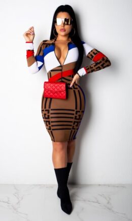 Multi-color Fashion Sexy Cap Sleeve Long Sleeves V Neck Lantern skirt Knee-Length Print Patchwork